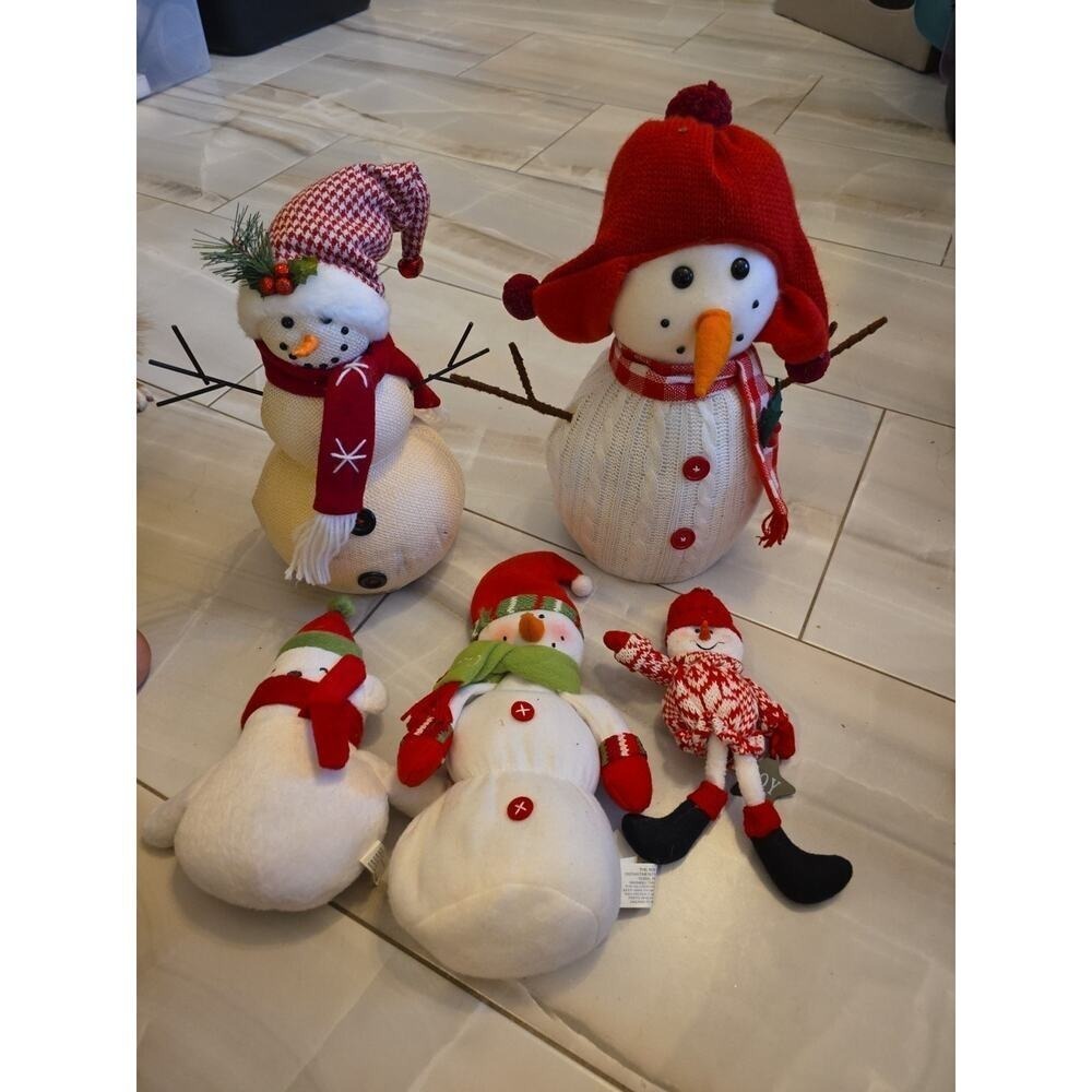 Vintage Plush 10" Standing‎ Snowman Table Top Decoration Lot Of 5